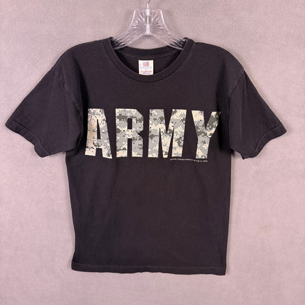 Bayside Army Graphic T-Shirt Mens Small Black Camo Logo USA Made